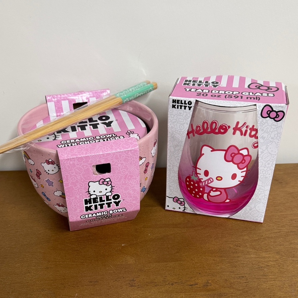 Hello Kitty Pink Ceramic Bowl and Glass Set with Chopsticks